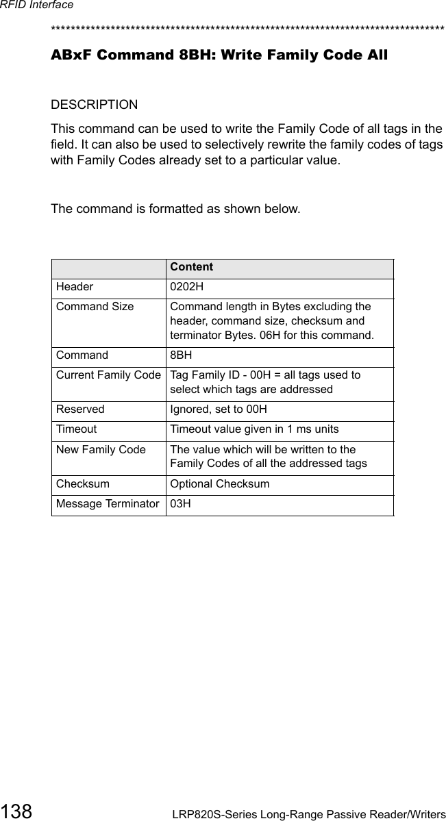 RFID Interface138 LRP820S-Series Long-Range Passive Reader/Writers*******************************************************************************ABxF Command 8BH: Write Family Code AllDESCRIPTIONThis command can be used to write the Family Code of all tags in the field. It can also be used to selectively rewrite the family codes of tags with Family Codes already set to a particular value. The command is formatted as shown below. Field ContentHeader 0202HCommand Size Command length in Bytes excluding the header, command size, checksum and terminator Bytes. 06H for this command.Command  8BHCurrent Family Code Tag Family ID - 00H = all tags used to select which tags are addressedReserved Ignored, set to 00H Timeout Timeout value given in 1 ms unitsNew Family Code The value which will be written to the Family Codes of all the addressed tagsChecksum Optional ChecksumMessage Terminator 03H