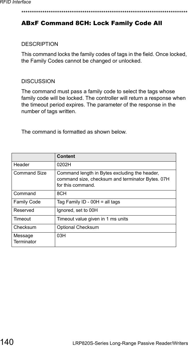 RFID Interface140 LRP820S-Series Long-Range Passive Reader/Writers*******************************************************************************ABxF Command 8CH: Lock Family Code AllDESCRIPTIONThis command locks the family codes of tags in the field. Once locked, the Family Codes cannot be changed or unlocked. DISCUSSIONThe command must pass a family code to select the tags whose family code will be locked. The controller will return a response when the timeout period expires. The parameter of the response in the number of tags written. The command is formatted as shown below. Field ContentHeader 0202HCommand Size Command length in Bytes excluding the header, command size, checksum and terminator Bytes. 07H for this command.Command 8CHFamily Code Tag Family ID - 00H = all tagsReserved Ignored, set to 00HTimeout  Timeout value given in 1 ms unitsChecksum  Optional ChecksumMessage Terminator03H