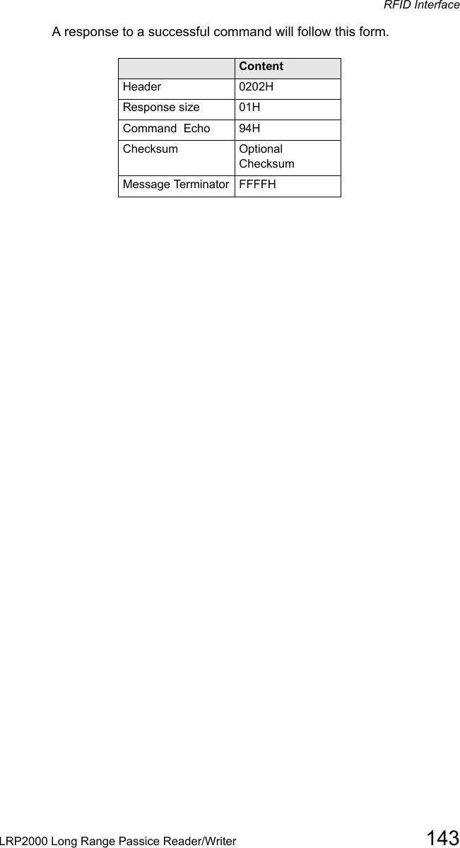 RFID InterfaceLRP2000 Long Range Passice Reader/Writer 143A response to a successful command will follow this form. Field ContentHeader 0202HResponse size 01HCommand  Echo 94HChecksum Optional ChecksumMessage Terminator FFFFH