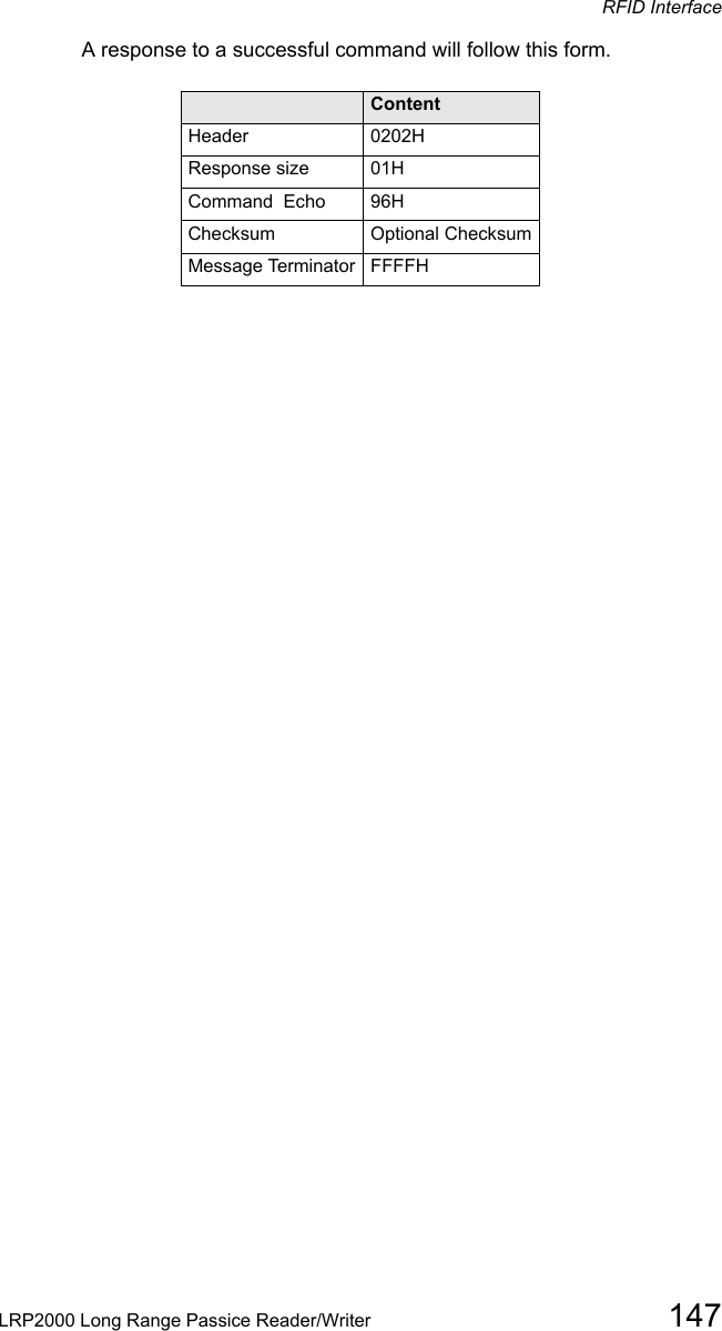 RFID InterfaceLRP2000 Long Range Passice Reader/Writer 147A response to a successful command will follow this form.Field  ContentHeader 0202HResponse size 01HCommand  Echo  96HChecksum Optional ChecksumMessage Terminator FFFFH