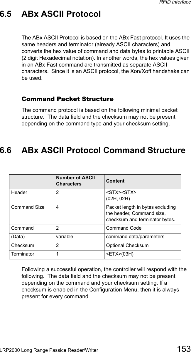 RFID InterfaceLRP2000 Long Range Passice Reader/Writer 1536.5 ABx ASCII ProtocolThe ABx ASCII Protocol is based on the ABx Fast protocol. It uses the same headers and terminator (already ASCII characters) and converts the hex value of command and data bytes to printable ASCII (2 digit Hexadecimal notation). In another words, the hex values given in an ABx Fast command are transmitted as separate ASCII characters.  Since it is an ASCII protocol, the Xon/Xoff handshake can be used.Command Packet StructureThe command protocol is based on the following minimal packet structure.  The data field and the checksum may not be present depending on the command type and your checksum setting.6.6 ABx ASCII Protocol Command StructureField Number of ASCII Characters ContentHeader    2    &lt;STX&gt;&lt;STX&gt;  (02H, 02H)Command Size 4         Packet length in bytes excluding the header, Command size, checksum and terminator bytes.Command  2     Command Code(Data)  variable command data/parametersChecksum    2    Optional ChecksumTerminator 1      &lt;ETX&gt;(03H)Following a successful operation, the controller will respond with the following.  The data field and the checksum may not be present depending on the command and your checksum setting. If a checksum is enabled in the Configuration Menu, then it is always present for every command.