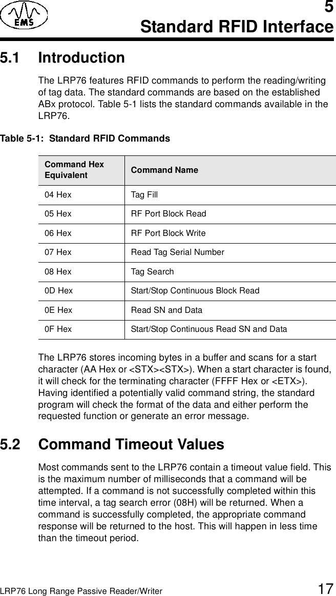 LRP76 Long Range Passive Reader/Writer 175Standard RFID Interface5.1 IntroductionThe LRP76 features RFID commands to perform the reading/writing of tag data. The standard commands are based on the established ABx protocol. Table 5-1 lists the standard commands available in the LRP76.The LRP76 stores incoming bytes in a buffer and scans for a start character (AA Hex or &lt;STX&gt;&lt;STX&gt;). When a start character is found, it will check for the terminating character (FFFF Hex or &lt;ETX&gt;). Having identified a potentially valid command string, the standard program will check the format of the data and either perform the requested function or generate an error message.5.2 Command Timeout ValuesMost commands sent to the LRP76 contain a timeout value field. This is the maximum number of milliseconds that a command will be attempted. If a command is not successfully completed within this time interval, a tag search error (08H) will be returned. When a command is successfully completed, the appropriate command response will be returned to the host. This will happen in less time than the timeout period. Table 5-1:  Standard RFID CommandsCommand Hex Equivalent Command Name04 Hex Tag Fill05 Hex RF Port Block Read06 Hex RF Port Block Write07 Hex Read Tag Serial Number08 Hex Tag Search0D Hex Start/Stop Continuous Block Read0E Hex Read SN and Data0F Hex Start/Stop Continuous Read SN and Data