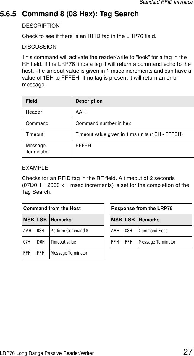 Standard RFID InterfaceLRP76 Long Range Passive Reader/Writer 275.6.5 Command 8 (08 Hex): Tag SearchDESCRIPTIONCheck to see if there is an RFID tag in the LRP76 field.DISCUSSIONThis command will activate the reader/write to &quot;look&quot; for a tag in the RF field. If the LRP76 finds a tag it will return a command echo to the host. The timeout value is given in 1 msec increments and can have a value of 1EH to FFFEH. If no tag is present it will return an error message. EXAMPLEChecks for an RFID tag in the RF field. A timeout of 2 seconds (07D0H = 2000 x 1 msec increments) is set for the completion of the Tag Search.Field DescriptionHeader AAHCommand Command number in hexTimeout Timeout value given in 1 ms units (1EH - FFFEH)Message TerminatorFFFFHCommand from the Host Response from the LRP76MSB LSB Remarks MSB LSB RemarksAAH 08H Perform Command 8 AAH 08H Command Echo07H D0H Timeout value FFH FFH Message TerminatorFFH FFH Message Terminator