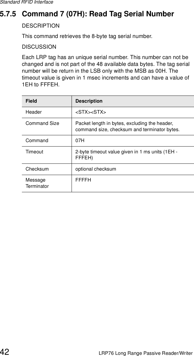 Standard RFID Interface42 LRP76 Long Range Passive Reader/Writer5.7.5 Command 7 (07H): Read Tag Serial NumberDESCRIPTIONThis command retrieves the 8-byte tag serial number. DISCUSSIONEach LRP tag has an unique serial number. This number can not be changed and is not part of the 48 available data bytes. The tag serial number will be return in the LSB only with the MSB as 00H. The timeout value is given in 1 msec increments and can have a value of 1EH to FFFEH.Field DescriptionHeader &lt;STX&gt;&lt;STX&gt;Command Size Packet length in bytes, excluding the header, command size, checksum and terminator bytes. Command 07HTimeout 2-byte timeout value given in 1 ms units (1EH - FFFEH)Checksum optional checksumMessage Term inato rFFFFH