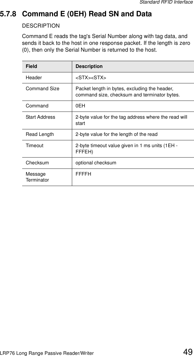 Standard RFID InterfaceLRP76 Long Range Passive Reader/Writer 495.7.8 Command E (0EH) Read SN and DataDESCRIPTIONCommand E reads the tag&apos;s Serial Number along with tag data, and sends it back to the host in one response packet. If the length is zero (0), then only the Serial Number is returned to the host.Field DescriptionHeader &lt;STX&gt;&lt;STX&gt;Command Size Packet length in bytes, excluding the header, command size, checksum and terminator bytes. Command 0EHStart Address 2-byte value for the tag address where the read will startRead Length 2-byte value for the length of the readTimeout 2-byte timeout value given in 1 ms units (1EH - FFFEH)Checksum optional checksumMessage TerminatorFFFFH