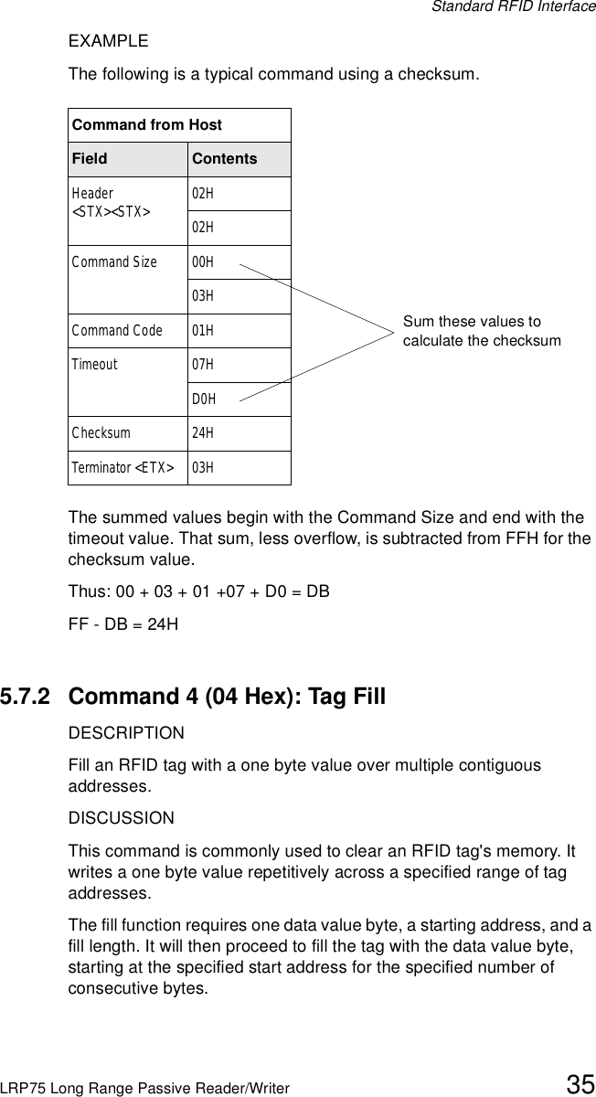 Standard RFID InterfaceLRP75 Long Range Passive Reader/Writer 35EXAMPLEThe following is a typical command using a checksum.The summed values begin with the Command Size and end with the timeout value. That sum, less overflow, is subtracted from FFH for the checksum value.Thus: 00 + 03 + 01 +07 + D0 = DB FF - DB = 24H5.7.2 Command 4 (04 Hex): Tag FillDESCRIPTIONFill an RFID tag with a one byte value over multiple contiguous addresses.DISCUSSIONThis command is commonly used to clear an RFID tag&apos;s memory. It writes a one byte value repetitively across a specified range of tag addresses.The fill function requires one data value byte, a starting address, and a fill length. It will then proceed to fill the tag with the data value byte, starting at the specified start address for the specified number of consecutive bytes. Command from HostField ContentsHeader &lt;STX&gt;&lt;STX&gt; 02H02HCommand Size 00H03HCommand Code 01HTimeout 07HD0HChecksum 24HTerminator &lt;ETX&gt; 03HSum these values to calculate the checksum