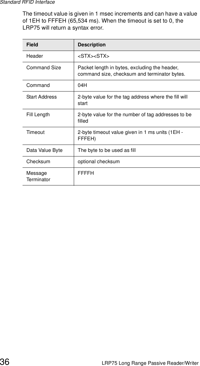 Standard RFID Interface36 LRP75 Long Range Passive Reader/WriterThe timeout value is given in 1 msec increments and can have a value of 1EH to FFFEH (65,534 ms). When the timeout is set to 0, the LRP75 will return a syntax error.Field DescriptionHeader &lt;STX&gt;&lt;STX&gt;Command Size Packet length in bytes, excluding the header, command size, checksum and terminator bytes. Command 04HStart Address 2-byte value for the tag address where the fill will startFill Length 2-byte value for the number of tag addresses to be filledTimeout 2-byte timeout value given in 1 ms units (1EH - FFFEH)Data Value Byte The byte to be used as fillChecksum optional checksumMessage Term inato rFFFFH