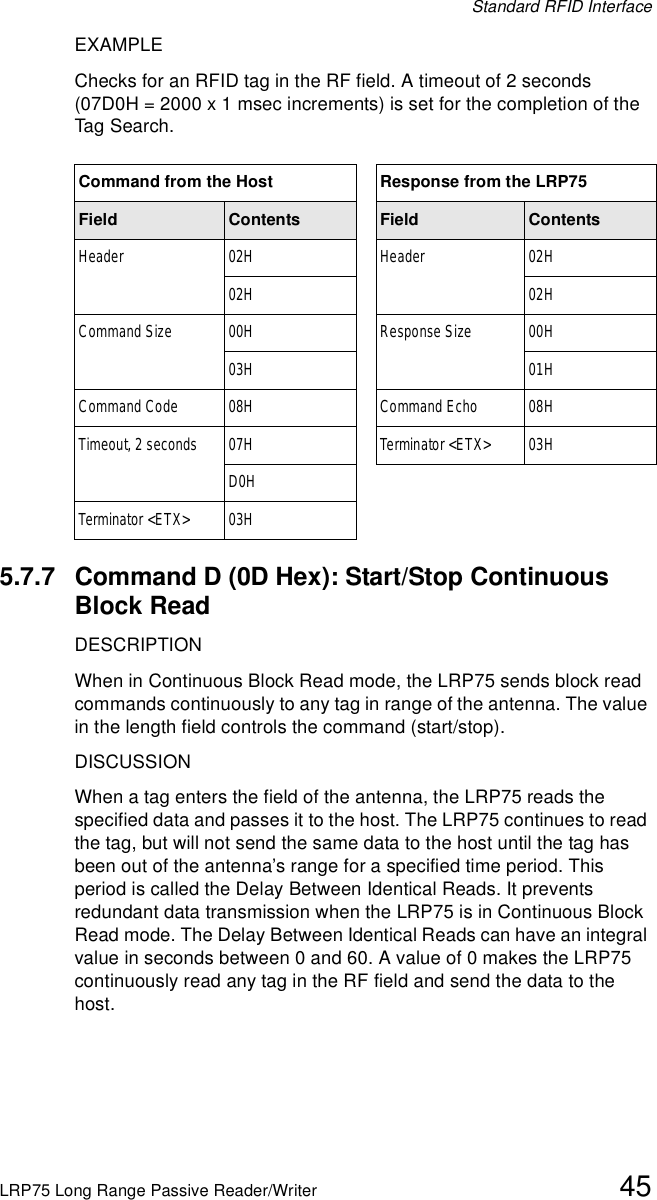 Standard RFID InterfaceLRP75 Long Range Passive Reader/Writer 45EXAMPLEChecks for an RFID tag in the RF field. A timeout of 2 seconds (07D0H = 2000 x 1 msec increments) is set for the completion of the Tag Search.5.7.7 Command D (0D Hex): Start/Stop Continuous Block ReadDESCRIPTIONWhen in Continuous Block Read mode, the LRP75 sends block read commands continuously to any tag in range of the antenna. The value in the length field controls the command (start/stop). DISCUSSIONWhen a tag enters the field of the antenna, the LRP75 reads the specified data and passes it to the host. The LRP75 continues to read the tag, but will not send the same data to the host until the tag has been out of the antenna’s range for a specified time period. This period is called the Delay Between Identical Reads. It prevents redundant data transmission when the LRP75 is in Continuous Block Read mode. The Delay Between Identical Reads can have an integral value in seconds between 0 and 60. A value of 0 makes the LRP75 continuously read any tag in the RF field and send the data to the host.Command from the Host Response from the LRP75Field Contents Field ContentsHeader 02H Header 02H02H 02HCommand Size 00H Response Size 00H03H 01HCommand Code 08H Command Echo 08HTimeout, 2 seconds 07H Terminator &lt;ETX&gt; 03HD0HTerminator &lt;ETX&gt; 03H