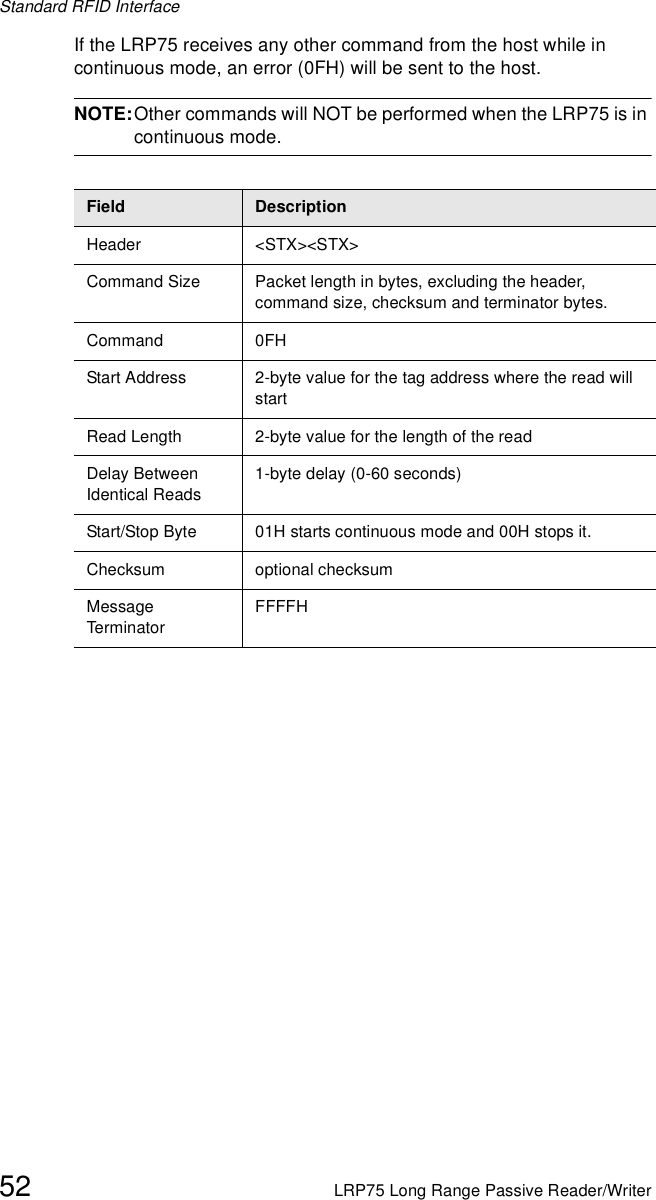 Standard RFID Interface52 LRP75 Long Range Passive Reader/WriterIf the LRP75 receives any other command from the host while in continuous mode, an error (0FH) will be sent to the host. NOTE:Other commands will NOT be performed when the LRP75 is in continuous mode. Field DescriptionHeader &lt;STX&gt;&lt;STX&gt;Command Size Packet length in bytes, excluding the header, command size, checksum and terminator bytes. Command 0FHStart Address 2-byte value for the tag address where the read will startRead Length 2-byte value for the length of the readDelay Between Identical Reads1-byte delay (0-60 seconds)Start/Stop Byte 01H starts continuous mode and 00H stops it.Checksum optional checksumMessage Term inato rFFFFH