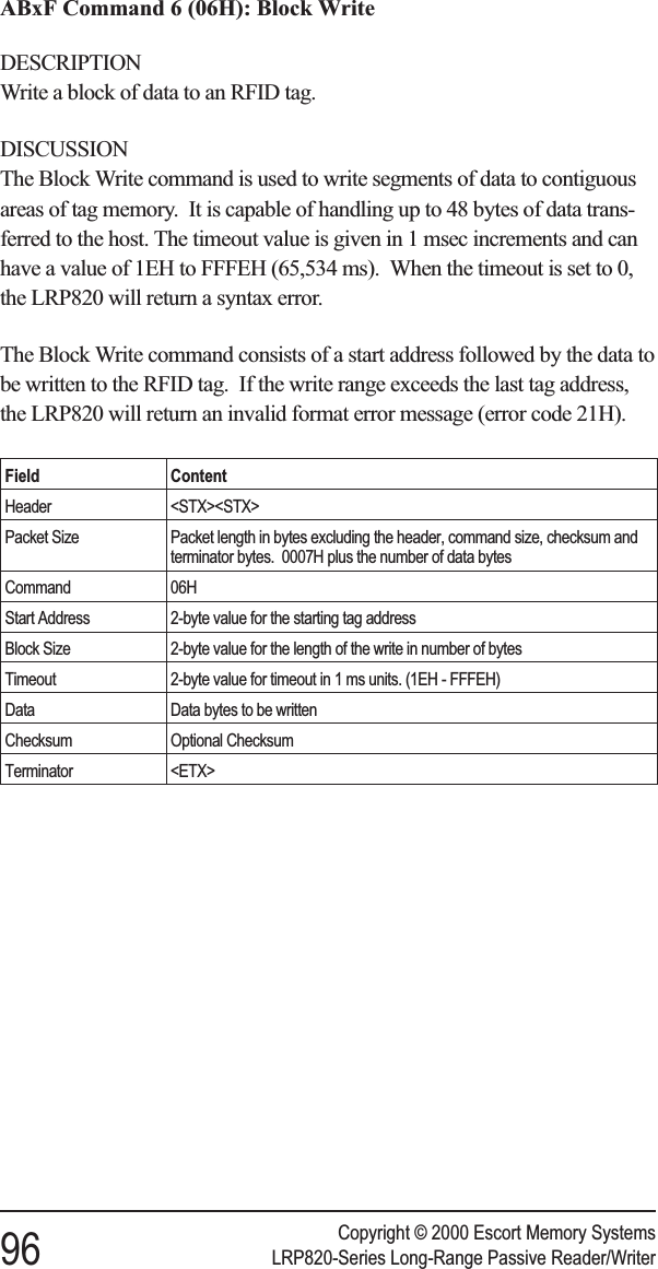 ABxF Command 6 (06H): Block WriteDESCRIPTIONWrite a block of data to an RFID tag.DISCUSSIONThe Block Write command is used to write segments of data to contiguousareas of tag memory. It is capable of handling up to 48 bytes of data trans-ferred to the host. The timeout value is given in 1 msec increments and canhave a value of 1EH to FFFEH (65,534 ms). When the timeout is set to 0,the LRP820 will return a syntax error.The Block Write command consists of a start address followed by the data tobe written to the RFID tag. If the write range exceeds the last tag address,the LRP820 will return an invalid format error message (error code 21H).Field ContentHeader &lt;STX&gt;&lt;STX&gt;Packet Size Packet length in bytes excluding the header, command size, checksum andterminator bytes. 0007H plus the number of data bytesCommand 06HStart Address 2-byte value for the starting tag addressBlock Size 2-byte value for the length of the write in number of bytesTimeout 2-byte value for timeout in 1 ms units. (1EH - FFFEH)Data Data bytes to be writtenChecksum Optional ChecksumTerminator &lt;ETX&gt;Copyright © 2000 Escort Memory Systems96 LRP820-Series Long-Range Passive Reader/Writer