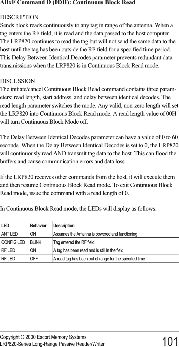 ABxF Command D (0DH): Continuous Block ReadDESCRIPTIONSends block reads continuously to any tag in range of the antenna. When atag enters the RF field, it is read and the data passed to the host computer.The LRP820 continues to read the tag but will not send the same data to thehost until the tag has been outside the RF field for a specified time period.This Delay Between Identical Decodes parameter prevents redundant datatransmissions when the LRP820 is in Continuous Block Read mode.DISCUSSIONThe initiate/cancel Continuous Block Read command contains three param-eters: read length, start address, and delay between identical decodes. Theread length parameter switches the mode. Any valid, non-zero length will setthe LRP820 into Continuous Block Read mode. A read length value of 00Hwill turn Continuous Block Mode off.The Delay Between Identical Decodes parameter can have a value of 0 to 60seconds. When the Delay Between Identical Decodes is set to 0, the LRP820will continuously read AND transmit tag data to the host. This can flood thebuffers and cause communication errors and data loss.If the LRP820 receives other commands from the host, it will execute themand then resume Continuous Block Read mode. To exit Continuous BlockRead mode, issue the command with a read length of 0.In Continuous Block Read mode, the LEDs will display as follows:LED Behavior DescriptionANT LED ON Assumes the Antenna is powered and functioningCONFIG LED BLINK Tag entered the RF fieldRF LED ON A tag has been read and is still in the fieldRF LED OFF A read tag has been out of range for the specified timeCopyright © 2000 Escort Memory SystemsLRP820-Series Long-Range Passive Reader/Writer 101