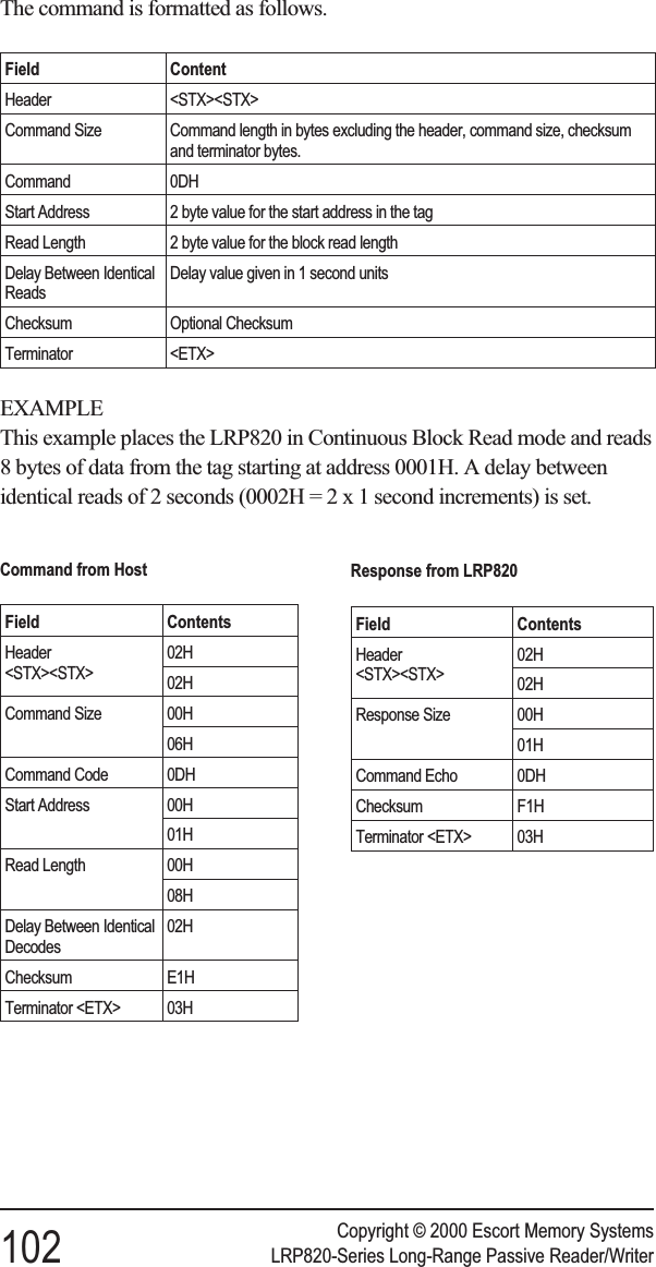 The command is formatted as follows.Field ContentHeader &lt;STX&gt;&lt;STX&gt;Command Size Command length in bytes excluding the header, command size, checksumand terminator bytes.Command 0DHStart Address 2 byte value for the start address in the tagRead Length 2 byte value for the block read lengthDelay Between IdenticalReadsDelay value given in 1 second unitsChecksum Optional ChecksumTerminator &lt;ETX&gt;EXAMPLEThis example places the LRP820 in Continuous Block Read mode and reads8 bytes of data from the tag starting at address 0001H. A delay betweenidentical reads of 2 seconds (0002H = 2 x 1 second increments) is set.Copyright © 2000 Escort Memory Systems102 LRP820-Series Long-Range Passive Reader/WriterCommand from HostField ContentsHeader&lt;STX&gt;&lt;STX&gt;02H02HCommand Size 00H06HCommand Code 0DHStart Address 00H01HRead Length 00H08HDelay Between IdenticalDecodes02HChecksum E1HTerminator &lt;ETX&gt; 03HResponse from LRP820Field ContentsHeader&lt;STX&gt;&lt;STX&gt;02H02HResponse Size 00H01HCommand Echo 0DHChecksum F1HTerminator &lt;ETX&gt; 03H