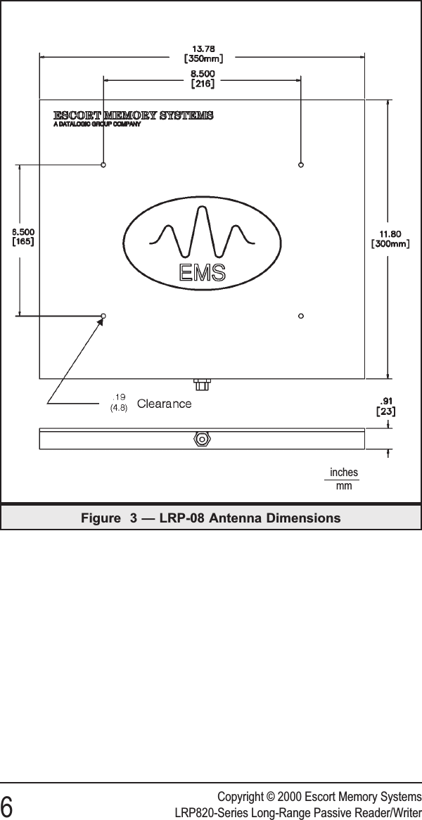 Copyright © 2000 Escort Memory Systems6LRP820-Series Long-Range Passive Reader/WriterFigure 3 — LRP-08 Antenna Dimensionsinchesmm