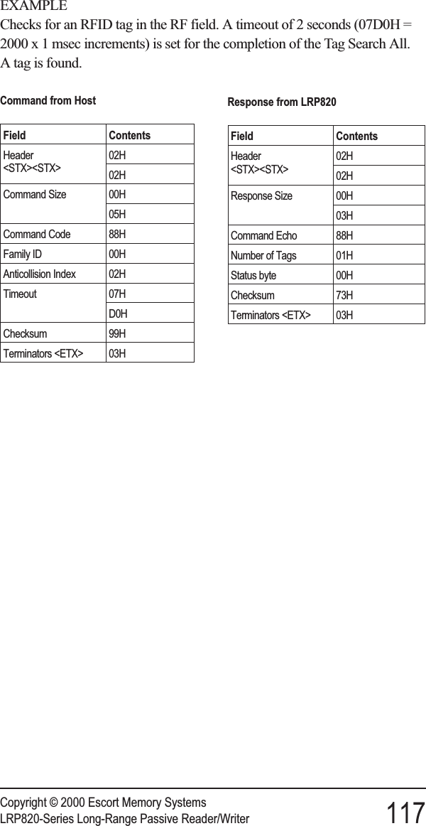 EXAMPLEChecks for an RFID tag in the RF field. A timeout of 2 seconds (07D0H =2000 x 1 msec increments) is set for the completion of the Tag Search All.A tag is found.Copyright © 2000 Escort Memory SystemsLRP820-Series Long-Range Passive Reader/Writer 117Command from HostField ContentsHeader&lt;STX&gt;&lt;STX&gt;02H02HCommand Size 00H05HCommand Code 88HFamily ID 00HAnticollision Index 02HTimeout 07HD0HChecksum 99HTerminators &lt;ETX&gt; 03HResponse from LRP820Field ContentsHeader&lt;STX&gt;&lt;STX&gt;02H02HResponse Size 00H03HCommand Echo 88HNumber of Tags 01HStatus byte 00HChecksum 73HTerminators &lt;ETX&gt; 03H