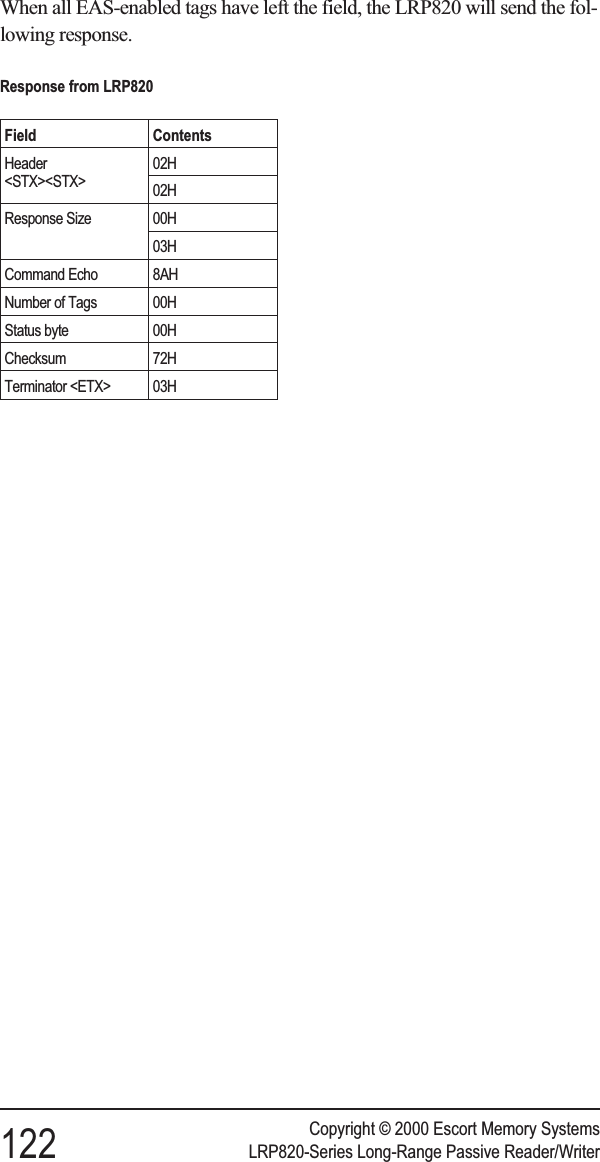 When all EAS-enabled tags have left the field, the LRP820 will send the fol-lowing response.Copyright © 2000 Escort Memory Systems122 LRP820-Series Long-Range Passive Reader/WriterResponse from LRP820Field ContentsHeader&lt;STX&gt;&lt;STX&gt;02H02HResponse Size 00H03HCommand Echo 8AHNumber of Tags 00HStatus byte 00HChecksum 72HTerminator &lt;ETX&gt; 03H