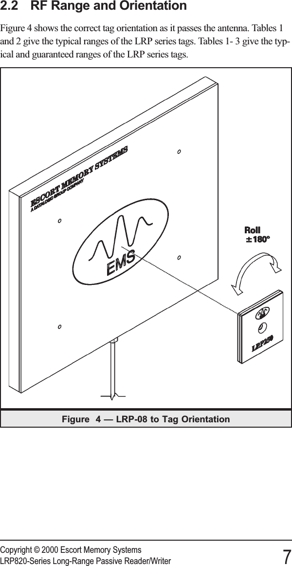 2.2 RF Range and OrientationFigure 4 shows the correct tag orientation as it passes the antenna. Tables 1and 2 give the typical ranges of the LRP series tags. Tables 1- 3 give the typ-ical and guaranteed ranges of the LRP series tags.Copyright © 2000 Escort Memory SystemsLRP820-Series Long-Range Passive Reader/Writer 7Figure 4 — LRP-08 to Tag Orientation