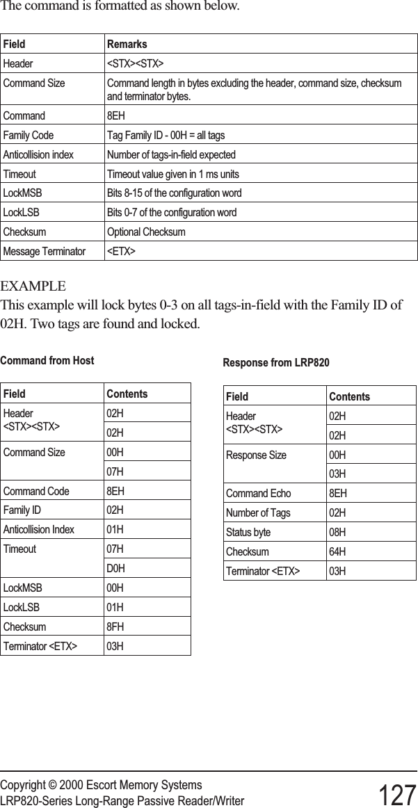 The command is formatted as shown below.Field RemarksHeader &lt;STX&gt;&lt;STX&gt;Command Size Command length in bytes excluding the header, command size, checksumand terminator bytes.Command 8EHFamily Code Tag Family ID - 00H = all tagsAnticollision index Number of tags-in-field expectedTimeout Timeout value given in 1 ms unitsLockMSB Bits 8-15 of the configuration wordLockLSB Bits 0-7 of the configuration wordChecksum Optional ChecksumMessage Terminator &lt;ETX&gt;EXAMPLEThis example will lock bytes 0-3 on all tags-in-field with the Family ID of02H. Two tags are found and locked.Copyright © 2000 Escort Memory SystemsLRP820-Series Long-Range Passive Reader/Writer 127Response from LRP820Field ContentsHeader&lt;STX&gt;&lt;STX&gt;02H02HResponse Size 00H03HCommand Echo 8EHNumber of Tags 02HStatus byte 08HChecksum 64HTerminator &lt;ETX&gt; 03HCommand from HostField ContentsHeader&lt;STX&gt;&lt;STX&gt;02H02HCommand Size 00H07HCommand Code 8EHFamily ID 02HAnticollision Index 01HTimeout 07HD0HLockMSB 00HLockLSB 01HChecksum 8FHTerminator &lt;ETX&gt; 03H