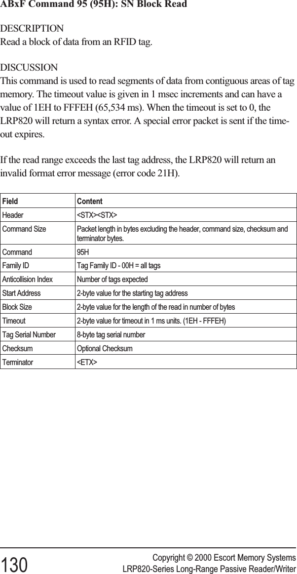 ABxF Command 95 (95H): SN Block ReadDESCRIPTIONRead a block of data from an RFID tag.DISCUSSIONThis command is used to read segments of data from contiguous areas of tagmemory. The timeout value is given in 1 msec increments and can have avalue of 1EH to FFFEH (65,534 ms). When the timeout is set to 0, theLRP820 will return a syntax error. A special error packet is sent if the time-out expires.If the read range exceeds the last tag address, the LRP820 will return aninvalid format error message (error code 21H).Field ContentHeader &lt;STX&gt;&lt;STX&gt;Command Size Packet length in bytes excluding the header, command size, checksum andterminator bytes.Command 95HFamily ID Tag Family ID - 00H = all tagsAnticollision Index Number of tags expectedStart Address 2-byte value for the starting tag addressBlock Size 2-byte value for the length of the read in number of bytesTimeout 2-byte value for timeout in 1 ms units. (1EH - FFFEH)Tag Serial Number 8-byte tag serial numberChecksum Optional ChecksumTerminator &lt;ETX&gt;Copyright © 2000 Escort Memory Systems130 LRP820-Series Long-Range Passive Reader/Writer