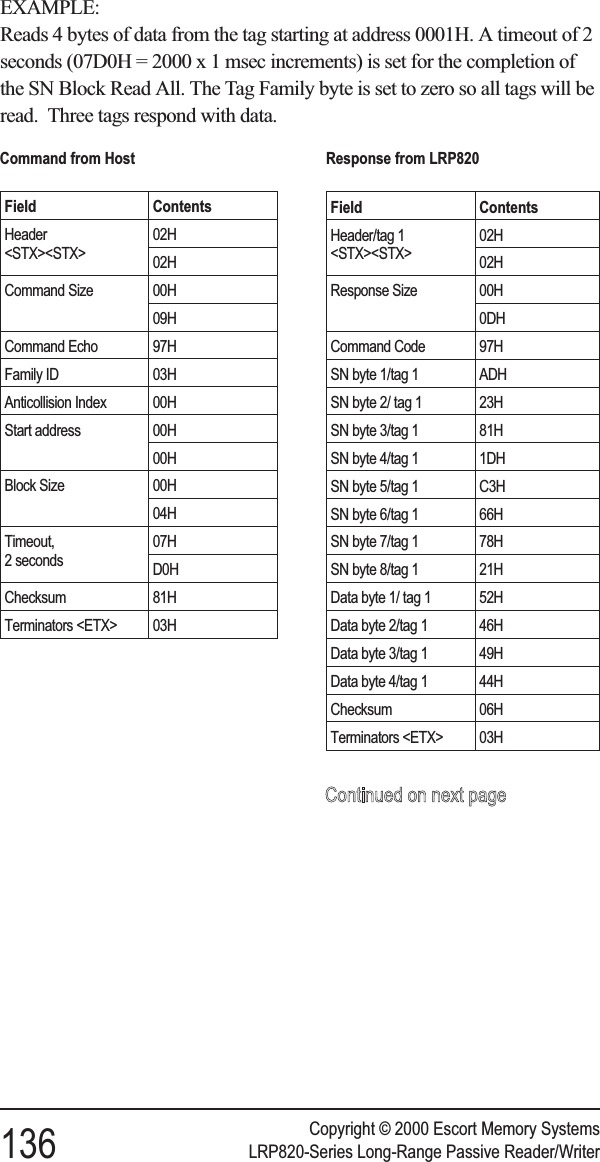 EXAMPLE:Reads 4 bytes of data from the tag starting at address 0001H. A timeout of 2seconds (07D0H = 2000 x 1 msec increments) is set for the completion ofthe SN Block Read All. The Tag Family byte is set to zero so all tags will beread. Three tags respond with data.Copyright © 2000 Escort Memory Systems136 LRP820-Series Long-Range Passive Reader/WriterCommand from HostField ContentsHeader&lt;STX&gt;&lt;STX&gt;02H02HCommand Size 00H09HCommand Echo 97HFamily ID 03HAnticollision Index 00HStart address 00H00HBlock Size 00H04HTimeout,2 seconds07HD0HChecksum 81HTerminators &lt;ETX&gt; 03HResponse from LRP820Field ContentsHeader/tag 1&lt;STX&gt;&lt;STX&gt;02H02HResponse Size 00H0DHCommand Code 97HSN byte 1/tag 1 ADHSN byte 2/ tag 1 23HSN byte 3/tag 1 81HSN byte 4/tag 1 1DHSN byte 5/tag 1 C3HSN byte 6/tag 1 66HSN byte 7/tag 1 78HSN byte 8/tag 1 21HData byte 1/ tag 1 52HData byte 2/tag 1 46HData byte 3/tag 1 49HData byte 4/tag 1 44HChecksum 06HTerminators &lt;ETX&gt; 03H