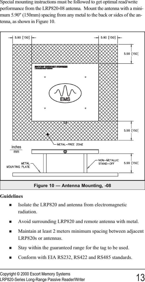 Special mounting instructions must be followed to get optimal read/writeperformance from the LRP820-08 antenna. Mount the antenna with a mini-mum 5.90&quot; (150mm) spacing from any metal to the back or sides of the an-tenna, as shown in Figure 10.GuidelinesnIsolate the LRP820 and antenna from electromagneticradiation.nAvoid surrounding LRP820 and remote antenna with metal.nMaintain at least 2 meters minimum spacing between adjacentLRP820s or antennas.nStay within the guaranteed range for the tag to be used.nConform with EIA RS232, RS422 and RS485 standards.Copyright © 2000 Escort Memory SystemsLRP820-Series Long-Range Passive Reader/Writer 13Figure 10 — Antenna Mounting, -08inchesmm