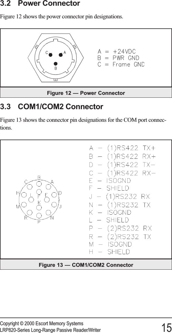 3.2 Power ConnectorFigure 12 shows the power connector pin designations.3.3 COM1/COM2 ConnectorFigure 13 shows the connector pin designations for the COM port connec-tions.Copyright © 2000 Escort Memory SystemsLRP820-Series Long-Range Passive Reader/Writer 15Figure 12 — Power ConnectorFigure 13 — COM1/COM2 Connector