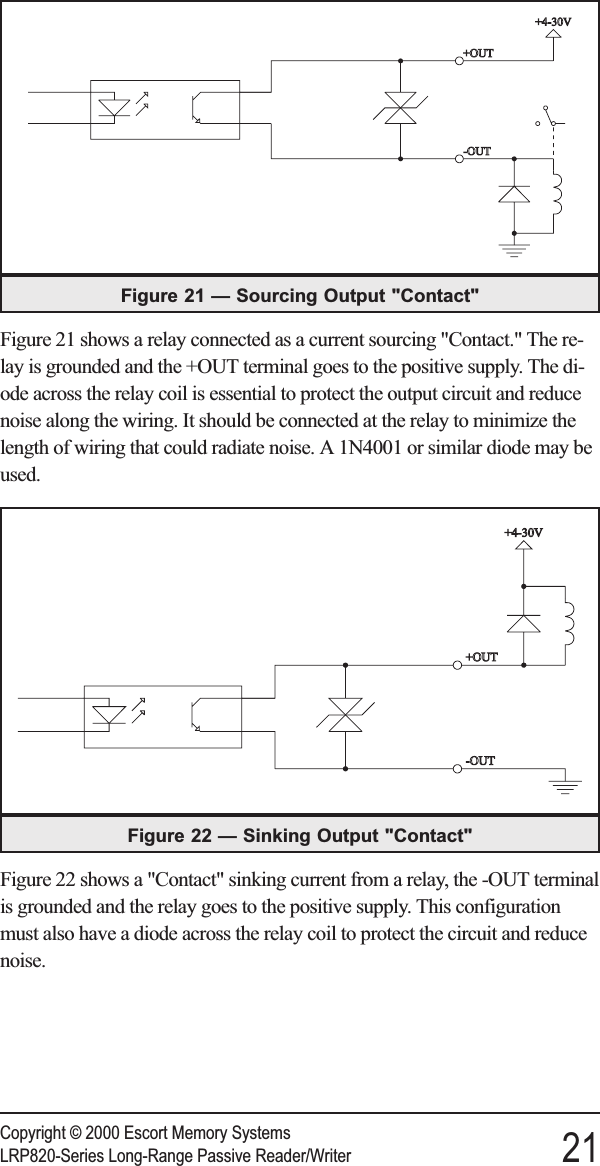 Figure 21 shows a relay connected as a current sourcing &quot;Contact.&quot; The re-lay is grounded and the +OUT terminal goes to the positive supply. The di-ode across the relay coil is essential to protect the output circuit and reducenoise along the wiring. It should be connected at the relay to minimize thelength of wiring that could radiate noise. A 1N4001 or similar diode may beused.Figure 22 shows a &quot;Contact&quot; sinking current from a relay, the -OUT terminalis grounded and the relay goes to the positive supply. This configurationmust also have a diode across the relay coil to protect the circuit and reducenoise.Copyright © 2000 Escort Memory SystemsLRP820-Series Long-Range Passive Reader/Writer 21Figure 22 — Sinking Output &quot;Contact&quot;Figure 21 — Sourcing Output &quot;Contact&quot;