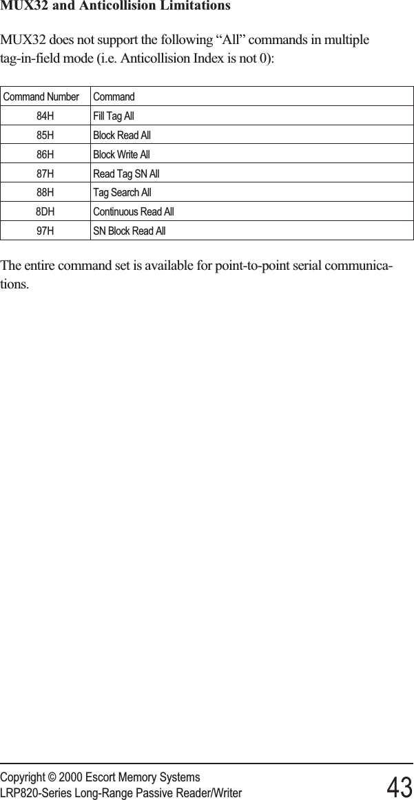 MUX32 and Anticollision LimitationsMUX32 does not support the following “All” commands in multipletag-in-field mode (i.e. Anticollision Index is not 0):Command Number Command84H Fill Tag All85H Block Read All86H Block Write All87H Read Tag SN All88H Tag Search All8DH Continuous Read All97H SN Block Read AllThe entire command set is available for point-to-point serial communica-tions.Copyright © 2000 Escort Memory SystemsLRP820-Series Long-Range Passive Reader/Writer 43