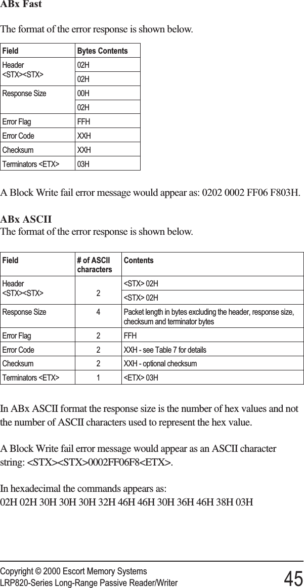 ABx FastThe format of the error response is shown below.A Block Write fail error message would appear as: 0202 0002 FF06 F803H.ABx ASCIIThe format of the error response is shown below.In ABx ASCII format the response size is the number of hex values and notthe number of ASCII characters used to represent the hex value.A Block Write fail error message would appear as an ASCII characterstring: &lt;STX&gt;&lt;STX&gt;0002FF06F8&lt;ETX&gt;.In hexadecimal the commands appears as:02H 02H 30H 30H 30H 32H 46H 46H 30H 36H 46H 38H 03HCopyright © 2000 Escort Memory SystemsLRP820-Series Long-Range Passive Reader/Writer 45Field Bytes ContentsHeader&lt;STX&gt;&lt;STX&gt;02H02HResponse Size 00H02HError Flag FFHError Code XXHChecksum XXHTerminators &lt;ETX&gt; 03HField # of ASCIIcharactersContentsHeader&lt;STX&gt;&lt;STX&gt; 2&lt;STX&gt; 02H&lt;STX&gt; 02HResponse Size 4 Packet length in bytes excluding the header, response size,checksum and terminator bytesError Flag 2 FFHError Code 2 XXH - see Table 7 for detailsChecksum 2 XXH - optional checksumTerminators &lt;ETX&gt; 1 &lt;ETX&gt; 03H