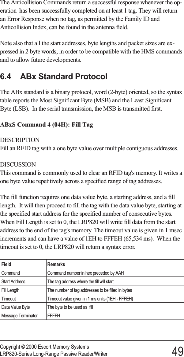 The Anticollision Commands return a successful response whenever the op-eration has been successfully completed on at least 1 tag. They will returnan Error Response when no tag, as permitted by the Family ID andAnticollision Index, can be found in the antenna field.Note also that all the start addresses, byte lengths and packet sizes are ex-pressed in 2 byte words, in order to be compatible with the HMS commandsand to allow future developments.6.3 ABx Standard ProtocolThe ABx standard is a binary protocol, word (2-byte) oriented, so the syntaxtable reports the Most Significant Byte (MSB) and the Least SignificantByte (LSB). In the serial transmission, the MSB is transmitted first.ABxS Command 4 (04H): Fill TagDESCRIPTIONFill an RFID tag with a one byte value over multiple contiguous addresses.DISCUSSIONThis command is commonly used to clear an RFID tag&apos;s memory. It writes aone byte value repetitively across a specified range of tag addresses.The fill function requires one data value byte, a starting address, and a filllength. It will then proceed to fill the tag with the data value byte, starting atthe specified start address for the specified number of consecutive bytes.When Fill Length is set to 0, the LRP820 will write fill data from the startaddress to the end of the tag&apos;s memory. The timeout value is given in 1 msecincrements and can have a value of 1EH to FFFEH (65,534 ms). When thetimeout is set to 0, the LRP820 will return a syntax error.Field RemarksCommand Command number in hex preceded by AAHStart Address The tag address where the fill will startFill Length The number of tag addresses to be filled in bytesTimeout Timeout value given in 1 ms units (1EH - FFFEH)Data Value Byte The byte to be used as fillMessage Terminator FFFFHCopyright © 2000 Escort Memory SystemsLRP820-Series Long-Range Passive Reader/Writer 496.4 ABx Standard Protocol