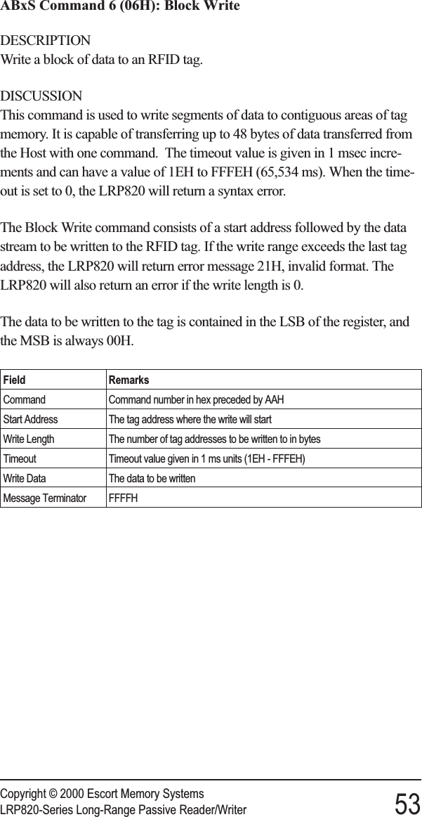 ABxS Command 6 (06H): Block WriteDESCRIPTIONWrite a block of data to an RFID tag.DISCUSSIONThis command is used to write segments of data to contiguous areas of tagmemory. It is capable of transferring up to 48 bytes of data transferred fromthe Host with one command. The timeout value is given in 1 msec incre-ments and can have a value of 1EH to FFFEH (65,534 ms). When the time-out is set to 0, the LRP820 will return a syntax error.The Block Write command consists of a start address followed by the datastream to be written to the RFID tag. If the write range exceeds the last tagaddress, the LRP820 will return error message 21H, invalid format. TheLRP820 will also return an error if the write length is 0.The data to be written to the tag is contained in the LSB of the register, andthe MSB is always 00H.Field RemarksCommand Command number in hex preceded by AAHStart Address The tag address where the write will startWrite Length The number of tag addresses to be written to in bytesTimeout Timeout value given in 1 ms units (1EH - FFFEH)Write Data The data to be writtenMessage Terminator FFFFHCopyright © 2000 Escort Memory SystemsLRP820-Series Long-Range Passive Reader/Writer 53