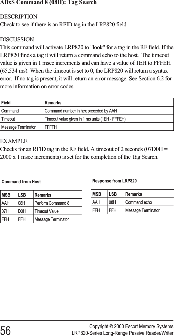 ABxS Command 8 (08H): Tag SearchDESCRIPTIONCheck to see if there is an RFID tag in the LRP820 field.DISCUSSIONThis command will activate LRP820 to &quot;look&quot; for a tag in the RF field. If theLRP820 finds a tag it will return a command echo to the host. The timeoutvalue is given in 1 msec increments and can have a value of 1EH to FFFEH(65,534 ms). When the timeout is set to 0, the LRP820 will return a syntaxerror. If no tag is present, it will return an error message. See Section 6.2 formore information on error codes.Field RemarksCommand Command number in hex preceded by AAHTimeout Timeout value given in 1 ms units (1EH - FFFEH)Message Terminator FFFFHEXAMPLEChecks for an RFID tag in the RF field. A timeout of 2 seconds (07D0H =2000 x 1 msec increments) is set for the completion of the Tag Search.Copyright © 2000 Escort Memory Systems56 LRP820-Series Long-Range Passive Reader/WriterCommand from HostMSB LSB RemarksAAH 08H Perform Command 807H D0H Timeout ValueFFH FFH Message TerminatorResponse from LRP820MSB LSB RemarksAAH 08H Command echoFFH FFH Message Terminator