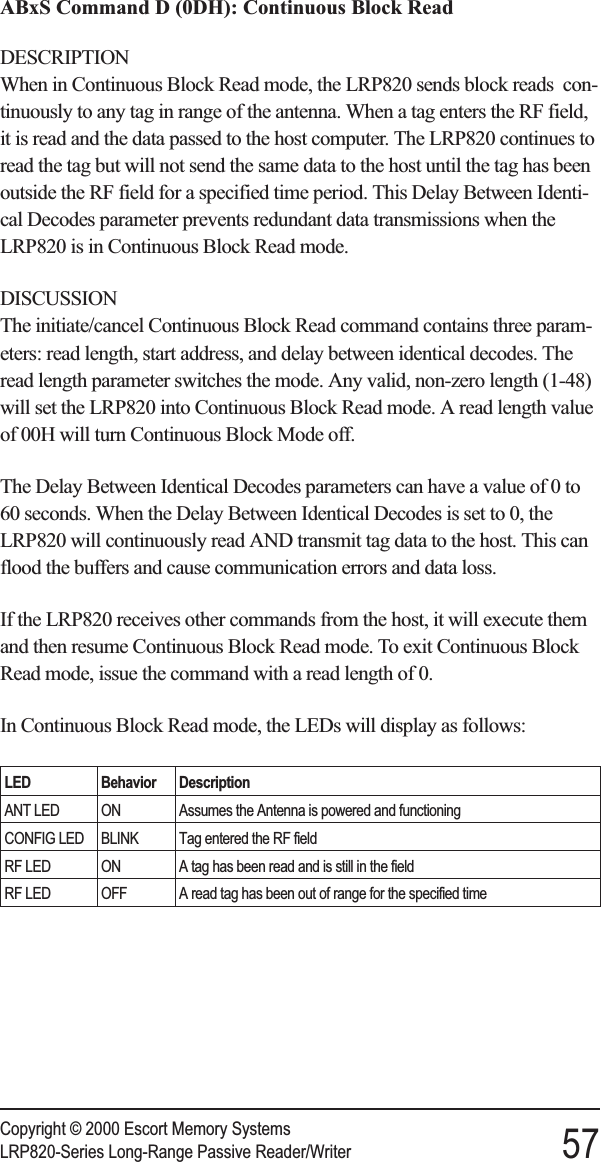 ABxS Command D (0DH): Continuous Block ReadDESCRIPTIONWhen in Continuous Block Read mode, the LRP820 sends block reads con-tinuously to any tag in range of the antenna. When a tag enters the RF field,it is read and the data passed to the host computer. The LRP820 continues toread the tag but will not send the same data to the host until the tag has beenoutside the RF field for a specified time period. This Delay Between Identi-cal Decodes parameter prevents redundant data transmissions when theLRP820 is in Continuous Block Read mode.DISCUSSIONThe initiate/cancel Continuous Block Read command contains three param-eters: read length, start address, and delay between identical decodes. Theread length parameter switches the mode. Any valid, non-zero length (1-48)will set the LRP820 into Continuous Block Read mode. A read length valueof 00H will turn Continuous Block Mode off.The Delay Between Identical Decodes parameters can have a value of 0 to60 seconds. When the Delay Between Identical Decodes is set to 0, theLRP820 will continuously read AND transmit tag data to the host. This canflood the buffers and cause communication errors and data loss.If the LRP820 receives other commands from the host, it will execute themand then resume Continuous Block Read mode. To exit Continuous BlockRead mode, issue the command with a read length of 0.In Continuous Block Read mode, the LEDs will display as follows:LED Behavior DescriptionANT LED ON Assumes the Antenna is powered and functioningCONFIG LED BLINK Tag entered the RF fieldRF LED ON A tag has been read and is still in the fieldRF LED OFF A read tag has been out of range for the specified timeCopyright © 2000 Escort Memory SystemsLRP820-Series Long-Range Passive Reader/Writer 57