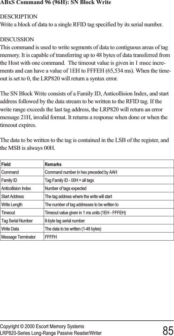 ABxS Command 96 (96H): SN Block WriteDESCRIPTIONWrite a block of data to a single RFID tag specified by its serial number.DISCUSSIONThis command is used to write segments of data to contiguous areas of tagmemory. It is capable of transferring up to 48 bytes of data transferred fromthe Host with one command. The timeout value is given in 1 msec incre-ments and can have a value of 1EH to FFFEH (65,534 ms). When the time-out is set to 0, the LRP820 will return a syntax error.The SN Block Write consists of a Family ID, Anticollision Index, and startaddress followed by the data stream to be written to the RFID tag. If thewrite range exceeds the last tag address, the LRP820 will return an errormessage 21H, invalid format. It returns a response when done or when thetimeout expires.The data to be written to the tag is contained in the LSB of the register, andthe MSB is always 00H.Field RemarksCommand Command number in hex preceded by AAHFamily ID Tag Family ID - 00H = all tagsAnticollision Index Number of tags expectedStart Address The tag address where the write will startWrite Length The number of tag addresses to be written toTimeout Timeout value given in 1 ms units (1EH - FFFEH)Tag Serial Number 8-byte tag serial numberWrite Data The data to be written (1-48 bytes)Message Terminator FFFFHCopyright © 2000 Escort Memory SystemsLRP820-Series Long-Range Passive Reader/Writer 85