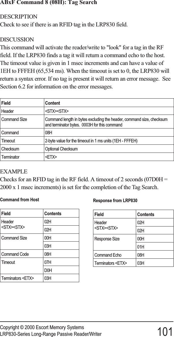 ABxF Command 8 (08H): Tag SearchDESCRIPTIONCheck to see if there is an RFID tag in the LRP830 field.DISCUSSIONThis command will activate the reader/write to &quot;look&quot; for a tag in the RFfield. If the LRP830 finds a tag it will return a command echo to the host.The timeout value is given in 1 msec increments and can have a value of1EH to FFFEH (65,534 ms). When the timeout is set to 0, the LRP830 willreturn a syntax error. If no tag is present it will return an error message. SeeSection 6.2 for information on the error messages.Field ContentHeader &lt;STX&gt;&lt;STX&gt;Command Size Command length in bytes excluding the header, command size, checksumand terminator bytes. 0003H for this commandCommand 08HTimeout 2-byte value for the timeout in 1 ms units (1EH - FFFEH)Checksum Optional ChecksumTerminator &lt;ETX&gt;EXAMPLEChecks for an RFID tag in the RF field. A timeout of 2 seconds (07D0H =2000 x 1 msec increments) is set for the completion of the Tag Search.Copyright © 2000 Escort Memory SystemsLRP830-Series Long-Range Passive Reader/Writer 101Command from HostField ContentsHeader&lt;STX&gt;&lt;STX&gt;02H02HCommand Size 00H03HCommand Code 08HTimeout 07HD0HTerminators &lt;ETX&gt; 03HResponse from LRP830Field ContentsHeader&lt;STX&gt;&lt;STX&gt;02H02HResponse Size 00H01HCommand Echo 08HTerminators &lt;ETX&gt; 03H