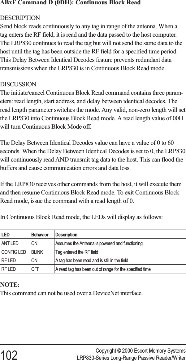 ABxF Command D (0DH): Continuous Block ReadDESCRIPTIONSend block reads continuously to any tag in range of the antenna. When atag enters the RF field, it is read and the data passed to the host computer.The LRP830 continues to read the tag but will not send the same data to thehost until the tag has been outside the RF field for a specified time period.This Delay Between Identical Decodes feature prevents redundant datatransmissions when the LRP830 is in Continuous Block Read mode.DISCUSSIONThe initiate/cancel Continuous Block Read command contains three param-eters: read length, start address, and delay between identical decodes. Theread length parameter switches the mode. Any valid, non-zero length will setthe LRP830 into Continuous Block Read mode. A read length value of 00Hwill turn Continuous Block Mode off.The Delay Between Identical Decodes value can have a value of 0 to 60seconds. When the Delay Between Identical Decodes is set to 0, the LRP830will continuously read AND transmit tag data to the host. This can flood thebuffers and cause communication errors and data loss.If the LRP830 receives other commands from the host, it will execute themand then resume Continuous Block Read mode. To exit Continuous BlockRead mode, issue the command with a read length of 0.In Continuous Block Read mode, the LEDs will display as follows:LED Behavior DescriptionANT LED ON Assumes the Antenna is powered and functioningCONFIG LED BLINK Tag entered the RF fieldRF LED ON A tag has been read and is still in the fieldRF LED OFF A read tag has been out of range for the specified timeNOTE:This command can not be used over a DeviceNet interface.Copyright © 2000 Escort Memory Systems102 LRP830-Series Long-Range Passive Reader/Writer