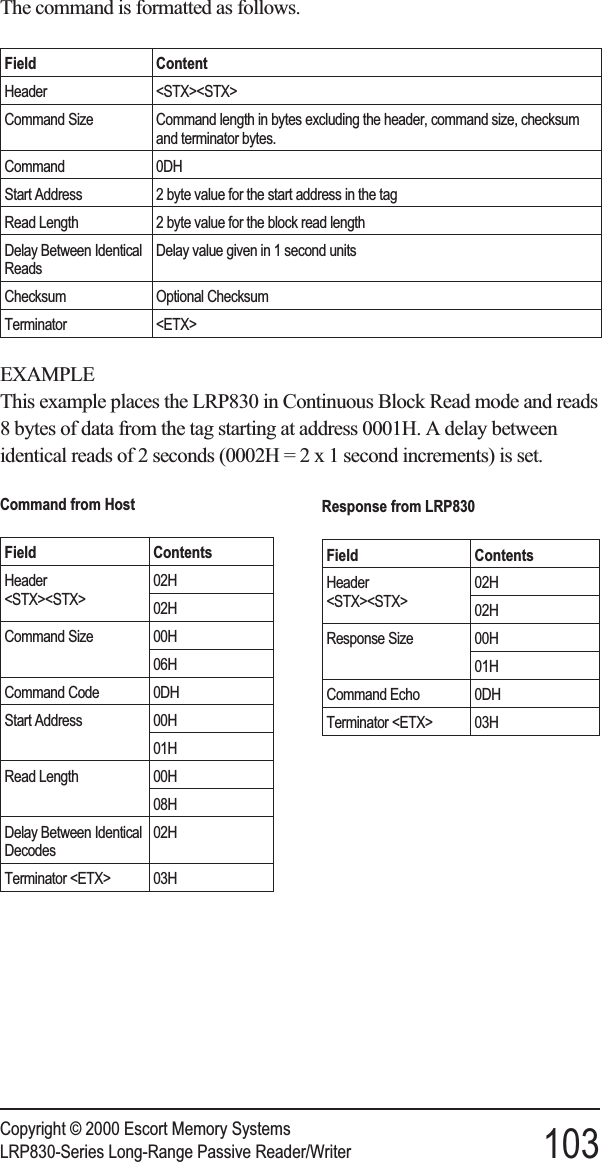 The command is formatted as follows.Field ContentHeader &lt;STX&gt;&lt;STX&gt;Command Size Command length in bytes excluding the header, command size, checksumand terminator bytes.Command 0DHStart Address 2 byte value for the start address in the tagRead Length 2 byte value for the block read lengthDelay Between IdenticalReadsDelay value given in 1 second unitsChecksum Optional ChecksumTerminator &lt;ETX&gt;EXAMPLEThis example places the LRP830 in Continuous Block Read mode and reads8 bytes of data from the tag starting at address 0001H. A delay betweenidentical reads of 2 seconds (0002H =2x1second increments) is set.Copyright © 2000 Escort Memory SystemsLRP830-Series Long-Range Passive Reader/Writer 103Command from HostField ContentsHeader&lt;STX&gt;&lt;STX&gt;02H02HCommand Size 00H06HCommand Code 0DHStart Address 00H01HRead Length 00H08HDelay Between IdenticalDecodes02HTerminator &lt;ETX&gt; 03HResponse from LRP830Field ContentsHeader&lt;STX&gt;&lt;STX&gt;02H02HResponse Size 00H01HCommand Echo 0DHTerminator &lt;ETX&gt; 03H