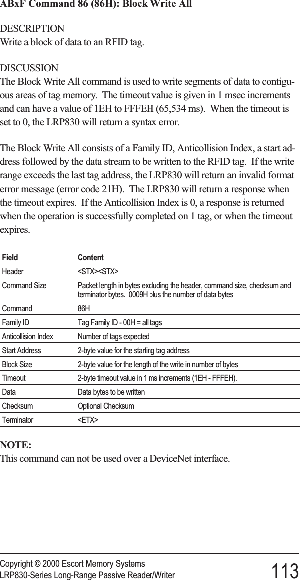 ABxF Command 86 (86H): Block Write AllDESCRIPTIONWrite a block of data to an RFID tag.DISCUSSIONThe Block Write All command is used to write segments of data to contigu-ous areas of tag memory. The timeout value is given in 1 msec incrementsand can have a value of 1EH to FFFEH (65,534 ms). When the timeout isset to 0, the LRP830 will return a syntax error.The Block Write All consists of a Family ID, Anticollision Index, a start ad-dress followed by the data stream to be written to the RFID tag. If the writerange exceeds the last tag address, the LRP830 will return an invalid formaterror message (error code 21H). The LRP830 will return a response whenthe timeout expires. If the Anticollision Index is 0, a response is returnedwhen the operation is successfully completed on 1 tag, or when the timeoutexpires.Field ContentHeader &lt;STX&gt;&lt;STX&gt;Command Size Packet length in bytes excluding the header, command size, checksum andterminator bytes. 0009H plus the number of data bytesCommand 86HFamily ID Tag Family ID - 00H = all tagsAnticollision Index Number of tags expectedStart Address 2-byte value for the starting tag addressBlock Size 2-byte value for the length of the write in number of bytesTimeout 2-byte timeout value in 1 ms increments (1EH - FFFEH).Data Data bytes to be writtenChecksum Optional ChecksumTerminator &lt;ETX&gt;NOTE:This command can not be used over a DeviceNet interface.Copyright © 2000 Escort Memory SystemsLRP830-Series Long-Range Passive Reader/Writer 113