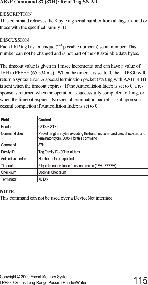 ABxF Command 87 (87H): Read Tag SN AllDESCRIPTIONThis command retrieves the 8-byte tag serial number from all tags-in-field orthose with the specified Family ID.DISCUSSIONEach LRP tag has an unique (264 possible numbers) serial number. Thisnumber can not be changed and is not part of the 48 available data bytes.The timeout value is given in 1 msec increments and can have a value of1EH to FFFEH (65,534 ms). When the timeout is set to 0, the LRP830 willreturn a syntax error. A special termination packet (starting with AAH FFH)is sent when the timeout expires. If the Anticollision Index is set to 0, a re-sponse is returned when the operation is successfully completed to 1 tag, orwhen the timeout expires. No special termination packet is sent upon suc-cessful completion if Anticollision Index is set to 0.Field ContentHeader &lt;STX&gt;&lt;STX&gt;Command Size Packet length in bytes excluding the head er, command size, checksum andterminator bytes. 0005H for this commandCommand 87HFamily ID Tag Family ID - 00H = all tagsAnticollision Index Number of tags expectedTimeout 2-byte timeout value in 1 ms increments (1EH - FFFEH)Checksum Optional ChecksumTerminator &lt;ETX&gt;NOTE:This command can not be used over a DeviceNet interface.Copyright © 2000 Escort Memory SystemsLRP830-Series Long-Range Passive Reader/Writer 115