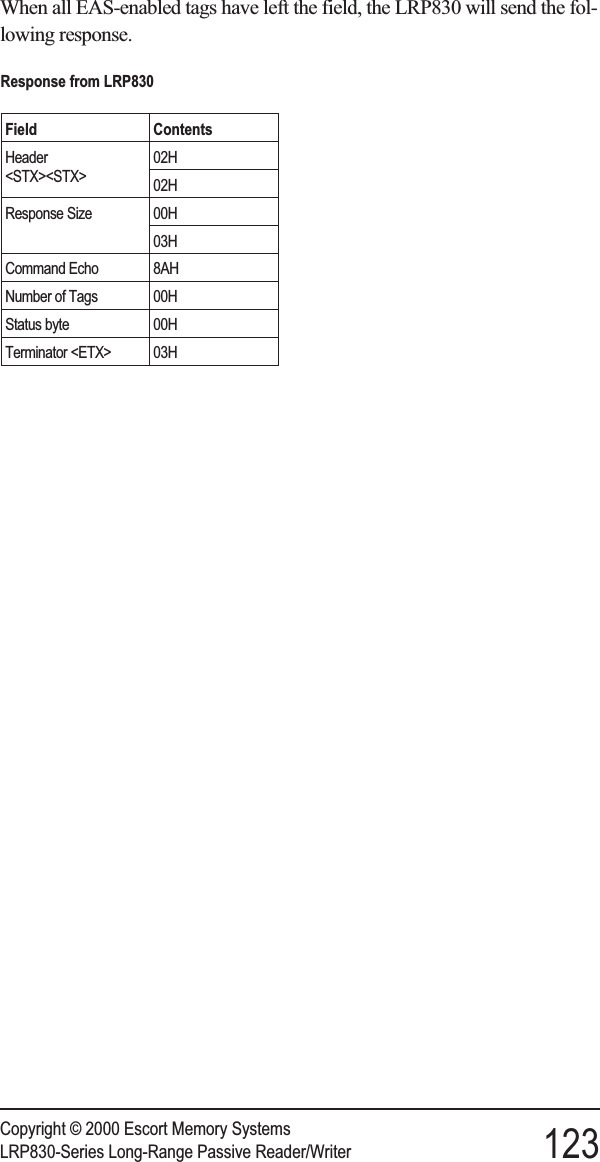 When all EAS-enabled tags have left the field, the LRP830 will send the fol-lowing response.Copyright © 2000 Escort Memory SystemsLRP830-Series Long-Range Passive Reader/Writer 123Response from LRP830Field ContentsHeader&lt;STX&gt;&lt;STX&gt;02H02HResponse Size 00H03HCommand Echo 8AHNumber of Tags 00HStatus byte 00HTerminator &lt;ETX&gt; 03H