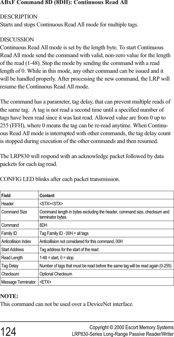 ABxF Command 8D (8DH): Continuous Read AllDESCRIPTIONStarts and stops Continuous Read All mode for multiple tags.DISCUSSIONContinuous Read All mode is set by the length byte. To start ContinuousRead All mode send the command with valid, non-zero value for the lengthof the read (1-48). Stop the mode by sending the command with a readlength of 0. While in this mode, any other command can be issued and itwill be handled properly. After processing the new command, the LRP willresume the Continuous Read All mode.The command has a parameter, tag delay, that can prevent multiple reads ofthe same tag. A tag is not read a second time until a specified number oftags have been read since it was last read. Allowed value are from 0 up to255 (FFH), where 0 means the tag can be re-read anytime. When Continu-ous Read All mode is interrupted with other commands, the tag delay countis stopped during execution of the other commands and then resumed.The LRP830 will respond with an acknowledge packet followed by datapackets for each tag read.CONFIG LED blinks after each packet transmission.Field ContentHeader &lt;STX&gt;&lt;STX&gt;Command Size Command length in bytes excluding the header, command size, checksum andterminator bytes.Command 8DHFamily ID Tag Family ID - 00H = all tagsAnticollision Index Anticollision not considered for this command, 00HStart Address Tag address for the start of the readRead Length 1-48 = start, 0 = stopTag Delay Number of tags that must be read before the same tag will be read again (0-255)Checksum Optional ChecksumMessage Terminator &lt;ETX&gt;NOTE:This command can not be used over a DeviceNet interface.Copyright © 2000 Escort Memory Systems124 LRP830-Series Long-Range Passive Reader/Writer