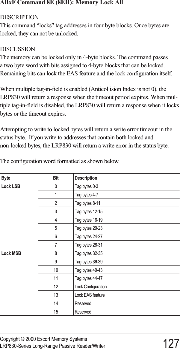 ABxF Command 8E (8EH): Memory Lock AllDESCRIPTIONThis command “locks” tag addresses in four byte blocks. Once bytes arelocked, they can not be unlocked.DISCUSSIONThe memory can be locked only in 4-byte blocks. The command passesa two byte word with bits assigned to 4-byte blocks that can be locked.Remaining bits can lock the EAS feature and the lock configuration itself.When multiple tag-in-field is enabled (Anticollision Index is not 0), theLRP830 will return a response when the timeout period expires. When mul-tiple tag-in-field is disabled, the LRP830 will return a response when it locksbytes or the timeout expires.Attempting to write to locked bytes will return a write error timeout in thestatus byte. If you write to addresses that contain both locked andnon-locked bytes, the LRP830 will return a write error in the status byte.The configuration word formatted as shown below.Byte Bit DescriptionLock LSB 0 Tag bytes 0-31 Tag bytes 4-72 Tag bytes 8-113 Tag bytes 12-154 Tag bytes 16-195 Tag bytes 20-236 Tag bytes 24-277 Tag bytes 28-31Lock MSB 8 Tag bytes 32-359 Tag bytes 36-3910 Tag bytes 40-4311 Tag bytes 44-4712 Lock Configuration13 Lock EAS feature14 Reserved15 ReservedCopyright © 2000 Escort Memory SystemsLRP830-Series Long-Range Passive Reader/Writer 127