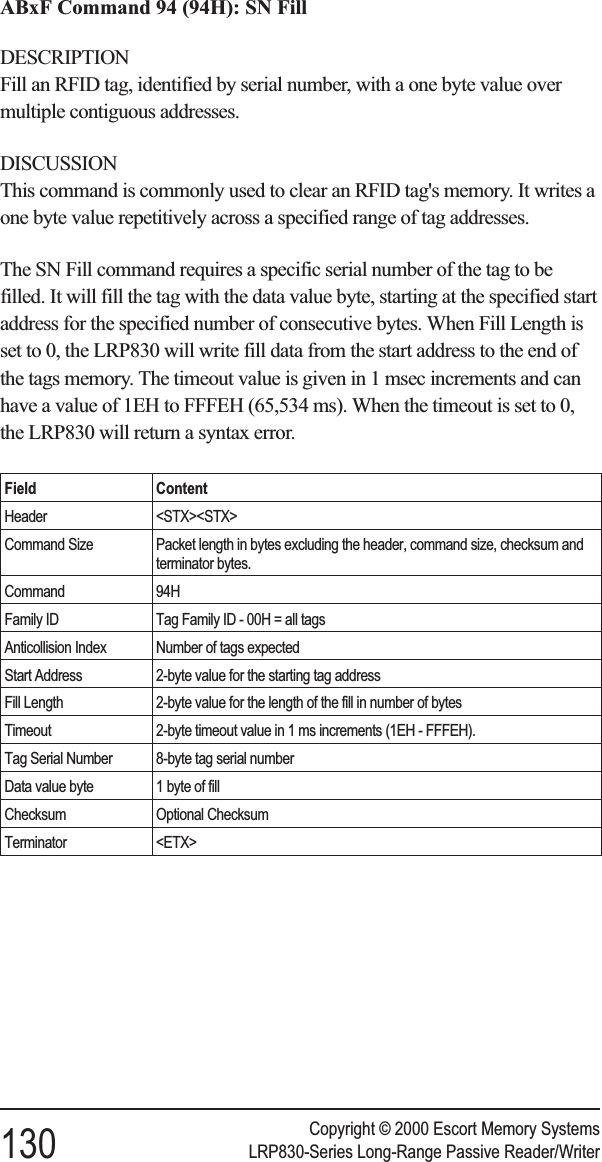 ABxF Command 94 (94H): SN FillDESCRIPTIONFill an RFID tag, identified by serial number, with a one byte value overmultiple contiguous addresses.DISCUSSIONThis command is commonly used to clear an RFID tag&apos;s memory. It writes aone byte value repetitively across a specified range of tag addresses.The SN Fill command requires a specific serial number of the tag to befilled. It will fill the tag with the data value byte, starting at the specified startaddress for the specified number of consecutive bytes. When Fill Length isset to 0, the LRP830 will write fill data from the start address to the end ofthe tags memory. The timeout value is given in 1 msec increments and canhave a value of 1EH to FFFEH (65,534 ms). When the timeout is set to 0,the LRP830 will return a syntax error.Field ContentHeader &lt;STX&gt;&lt;STX&gt;Command Size Packet length in bytes excluding the header, command size, checksum andterminator bytes.Command 94HFamily ID Tag Family ID - 00H = all tagsAnticollision Index Number of tags expectedStart Address 2-byte value for the starting tag addressFill Length 2-byte value for the length of the fill in number of bytesTimeout 2-byte timeout value in 1 ms increments (1EH - FFFEH).Tag Serial Number 8-byte tag serial numberData value byte 1 byte of fillChecksum Optional ChecksumTerminator &lt;ETX&gt;Copyright © 2000 Escort Memory Systems130 LRP830-Series Long-Range Passive Reader/Writer