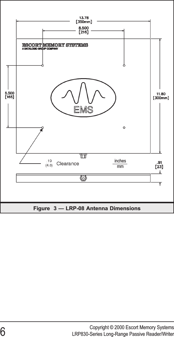 Copyright © 2000 Escort Memory Systems6LRP830-Series Long-Range Passive Reader/WriterFigure 3 — LRP-08 Antenna Dimensionsinchesmm