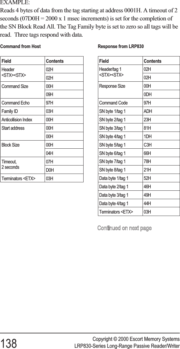 EXAMPLE:Reads 4 bytes of data from the tag starting at address 0001H. A timeout of 2seconds (07D0H = 2000 x 1 msec increments) is set for the completion ofthe SN Block Read All. The Tag Family byte is set to zero so all tags will beread. Three tags respond with data.Copyright © 2000 Escort Memory Systems138 LRP830-Series Long-Range Passive Reader/WriterCommand from HostField ContentsHeader&lt;STX&gt;&lt;STX&gt;02H02HCommand Size 00H09HCommand Echo 97HFamily ID 03HAnticollision Index 00HStart address 00H00HBlock Size 00H04HTimeout,2 seconds07HD0HTerminators &lt;ETX&gt; 03HResponse from LRP830Field ContentsHeader/tag 1&lt;STX&gt;&lt;STX&gt;02H02HResponse Size 00H0DHCommand Code 97HSN byte 1/tag 1 ADHSN byte 2/tag 1 23HSN byte 3/tag 1 81HSN byte 4/tag 1 1DHSN byte 5/tag 1 C3HSN byte 6/tag 1 66HSN byte 7/tag 1 78HSN byte 8/tag 1 21HData byte 1/tag 1 52HData byte 2/tag 1 46HData byte 3/tag 1 49HData byte 4/tag 1 44HTerminators &lt;ETX&gt; 03H