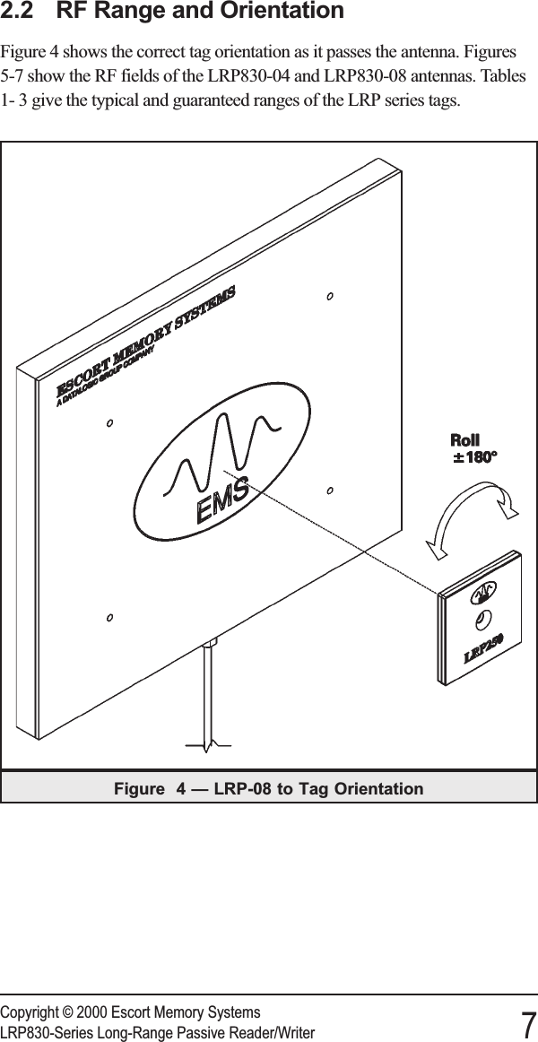 2.2 RF Range and OrientationFigure 4 shows the correct tag orientation as it passes the antenna. Figures5-7 show the RF fields of the LRP830-04 and LRP830-08 antennas. Tables1- 3 give the typical and guaranteed ranges of the LRP series tags.Copyright © 2000 Escort Memory SystemsLRP830-Series Long-Range Passive Reader/Writer 7Figure 4 — LRP-08 to Tag Orientation