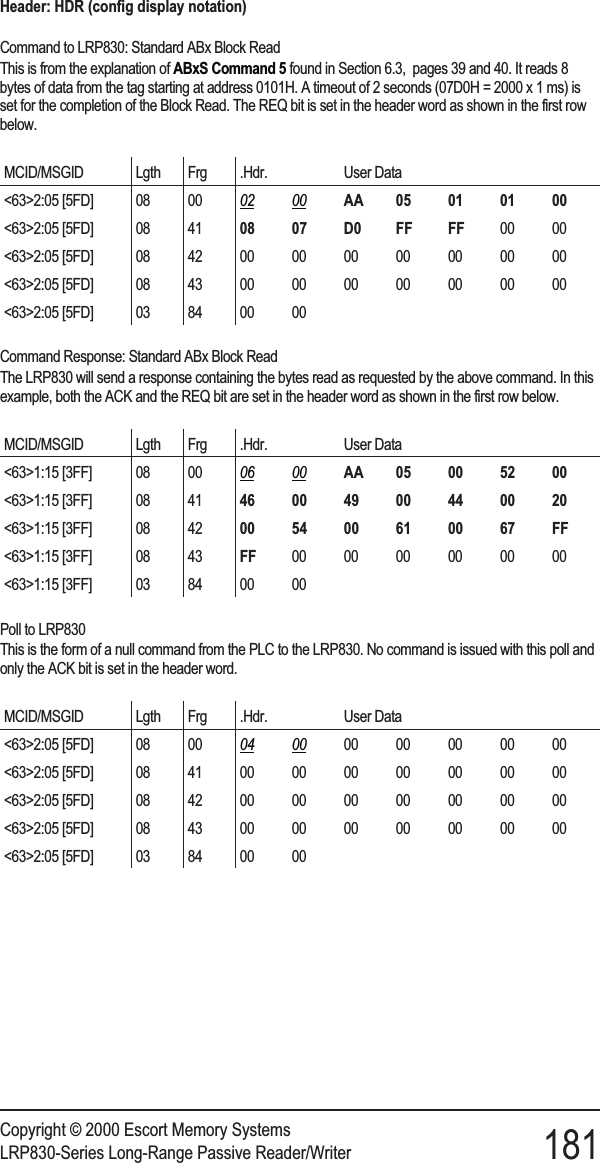 Header: HDR (config display notation)Command to LRP830: Standard ABx Block ReadThis is from the explanation of ABxS Command 5 found in Section 6.3, pages 39 and 40. It reads 8bytes of data from the tag starting at address 0101H. A timeout of 2 seconds (07D0H = 2000 x 1 ms) isset for the completion of the Block Read. The REQ bit is set in the header word as shown in the first rowbelow.MCID/MSGID Lgth Frg .Hdr. User Data&lt;63&gt;2:05 [5FD] 08 00 02 00 AA 05 01 01 00&lt;63&gt;2:05 [5FD] 08 41 08 07 D0 FF FF 00 00&lt;63&gt;2:05 [5FD] 08 42 00 00 00 00 00 00 00&lt;63&gt;2:05 [5FD] 08 43 00 00 00 00 00 00 00&lt;63&gt;2:05 [5FD] 03 84 00 00Command Response: Standard ABx Block ReadThe LRP830 will send a response containing the bytes read as requested by the above command. In thisexample, both the ACK and the REQ bit are set in the header word as shown in the first row below.MCID/MSGID Lgth Frg .Hdr. User Data&lt;63&gt;1:15 [3FF] 08 00 06 00 AA 05 00 52 00&lt;63&gt;1:15 [3FF] 08 41 46 00 49 00 44 00 20&lt;63&gt;1:15 [3FF] 08 42 00 54 00 61 00 67 FF&lt;63&gt;1:15 [3FF] 08 43 FF 00 00 00 00 00 00&lt;63&gt;1:15 [3FF] 03 84 00 00Poll to LRP830This is the form of a null command from the PLC to the LRP830. No command is issued with this poll andonly the ACK bit is set in the header word.MCID/MSGID Lgth Frg .Hdr. User Data&lt;63&gt;2:05 [5FD] 08 00 04 00 00 00 00 00 00&lt;63&gt;2:05 [5FD] 08 41 00 00 00 00 00 00 00&lt;63&gt;2:05 [5FD] 08 42 00 00 00 00 00 00 00&lt;63&gt;2:05 [5FD] 08 43 00 00 00 00 00 00 00&lt;63&gt;2:05 [5FD] 03 84 00 00Copyright © 2000 Escort Memory SystemsLRP830-Series Long-Range Passive Reader/Writer 181