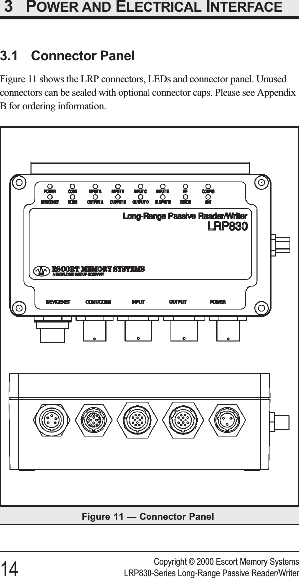 3 POWER AND ELECTRICAL INTERFACE3.1 Connector PanelFigure 11 shows the LRP connectors, LEDs and connector panel. Unusedconnectors can be sealed with optional connector caps. Please see AppendixB for ordering information.Copyright © 2000 Escort Memory Systems14 LRP830-Series Long-Range Passive Reader/WriterFigure 11 — Connector Panel