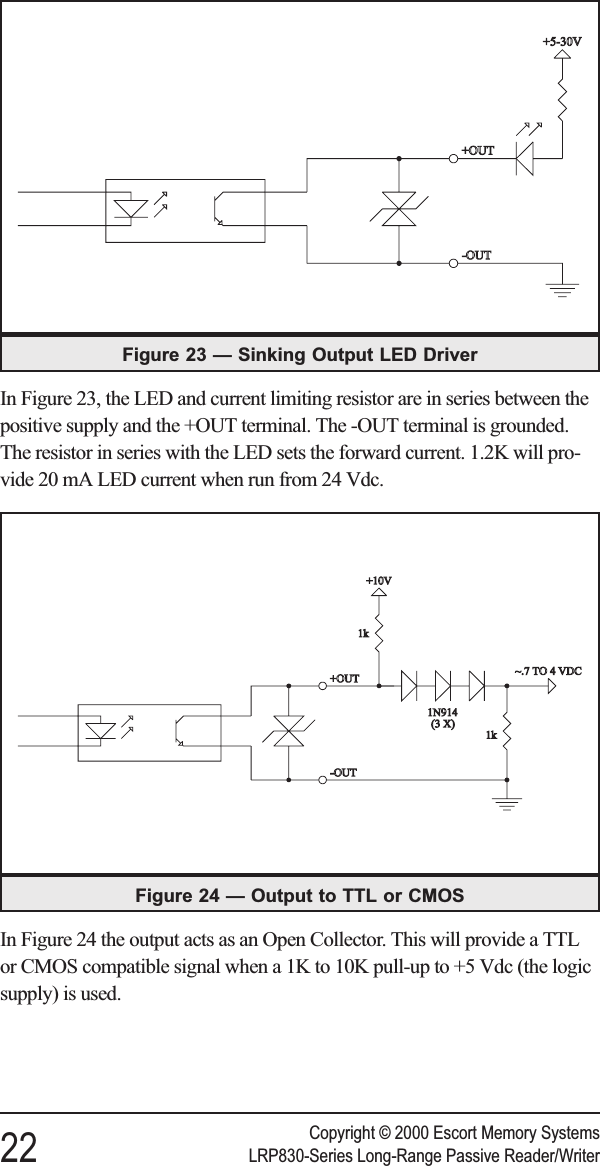 In Figure 23, the LED and current limiting resistor are in series between thepositive supply and the +OUT terminal. The -OUT terminal is grounded.The resistor in series with the LED sets the forward current. 1.2K will pro-vide 20 mA LED current when run from 24 Vdc.In Figure 24 the output acts as an Open Collector. This will provide a TTLor CMOS compatible signal when a 1K to 10K pull-up to +5 Vdc (the logicsupply) is used.Copyright © 2000 Escort Memory Systems22 LRP830-Series Long-Range Passive Reader/WriterFigure 23 — Sinking Output LED DriverFigure 24 — Output to TTL or CMOS