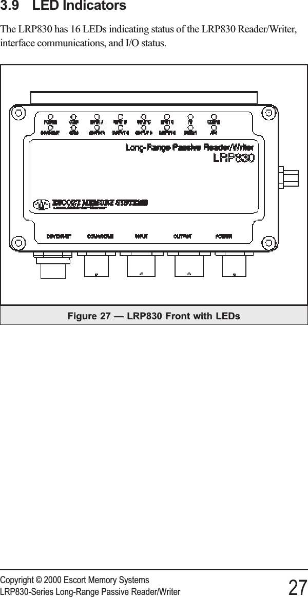 3.9 LED IndicatorsThe LRP830 has 16 LEDs indicating status of the LRP830 Reader/Writer,interface communications, and I/O status.Copyright © 2000 Escort Memory SystemsLRP830-Series Long-Range Passive Reader/Writer 27Figure 27 — LRP830 Front with LEDs