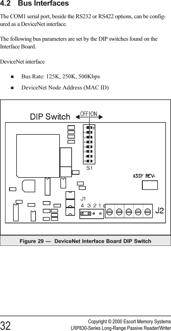 4.2 Bus InterfacesThe COM1 serial port, beside the RS232 or RS422 options, can be config-ured as a DeviceNet interface.The following bus parameters are set by the DIP switches found on theInterface Board.DeviceNet interfacenBus Rate: 125K, 250K, 500KbpsnDeviceNet Node Address (MAC ID)Copyright © 2000 Escort Memory Systems32 LRP830-Series Long-Range Passive Reader/WriterFigure 29 — DeviceNet Interface Board DIP Switch